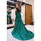 Chic Off The Shoulder Lace Appliques Mermaid Long Prom Dress with Slit
