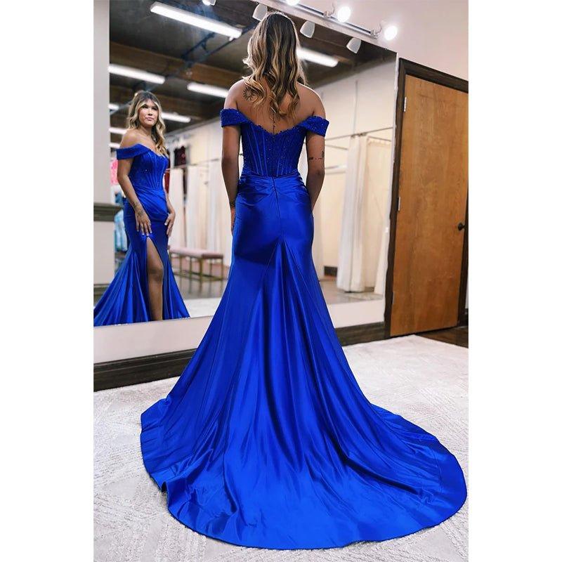 Chic Off The Shoulder Lace Appliques Mermaid Long Prom Dress with Slit