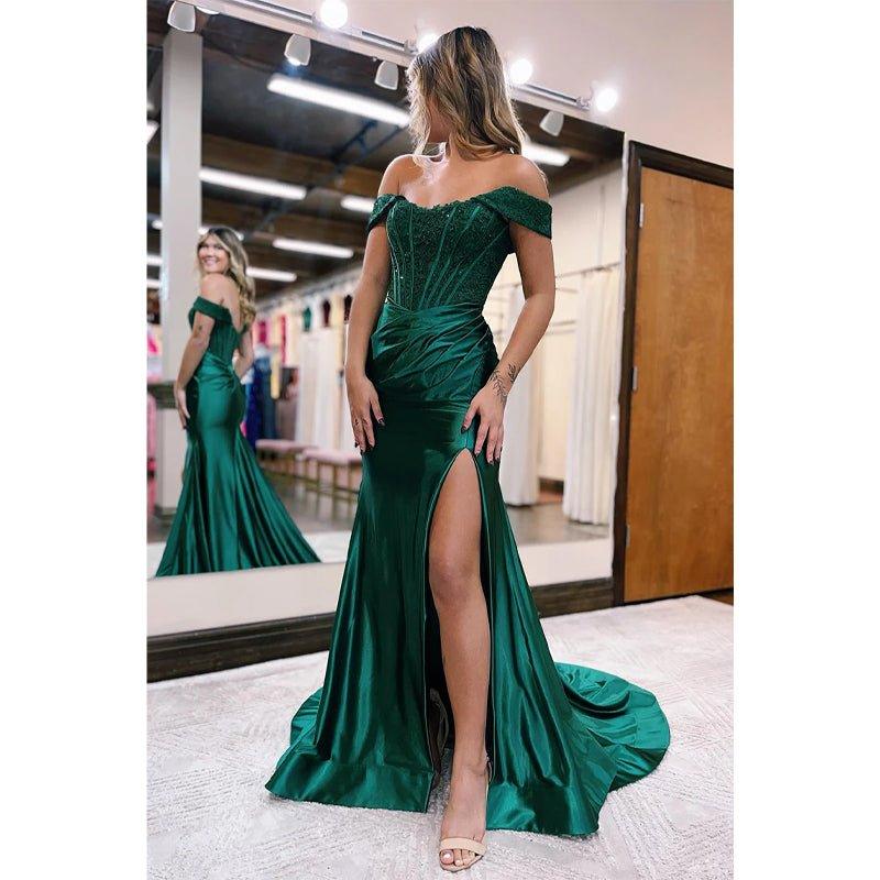 Chic Off The Shoulder Lace Appliques Mermaid Long Prom Dress with Slit