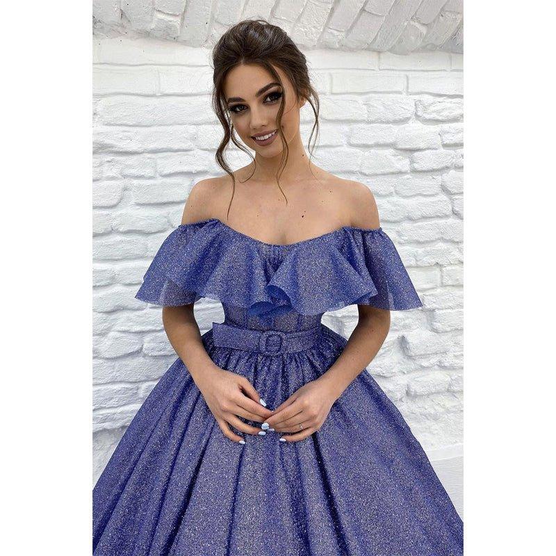 Chic Off The Shoulder Sparkly Prom Ball Gown with Belt