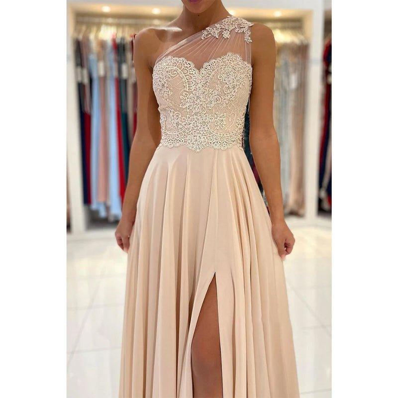 Chic One Shoulder Lace Appliques Chiffon Champagne Formal Evening Dress with Slit