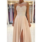 Chic One Shoulder Lace Appliques Chiffon Champagne Formal Evening Dress with Slit