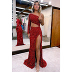 Chic One Shoulder Long Sleeves Sequins Burgundy Prom Dress Long
