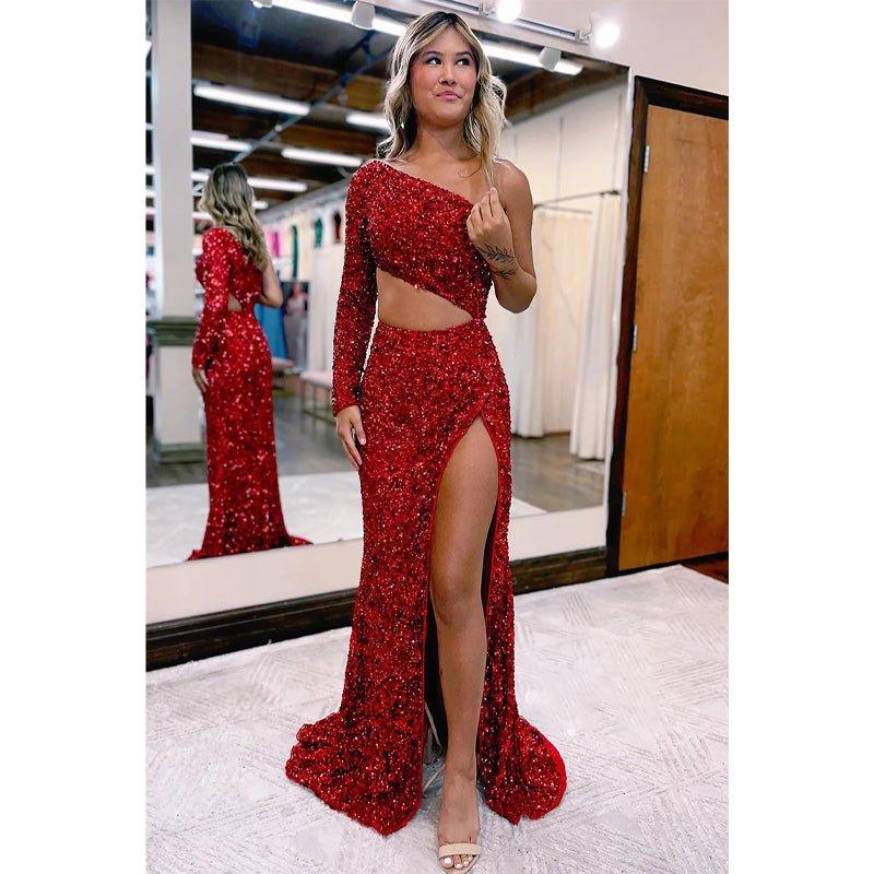 Chic One Shoulder Long Sleeves Sequins Burgundy Prom Dress Long