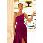 Chic One Shoulder Satin Pleats Long Mermaid Prom Formal Dress with Slit