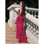 Chic One Shoulder Sequins Side Slit Mermaid Formal Evening Dress Glitter