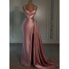 Chic Sheath Beaded Straps Pink Pleats Vintage Long Prom Dress Evening Gown