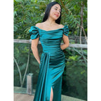 Chic Simple Off-shoulder Pleats Blue Long Prom Dress with Train