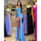 Chic Strapless Beaded Illusion Blue Long Prom Evening Gowns with Split