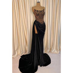 Chic Strapless Beads Black Long Formal Evening Gowns with Slit