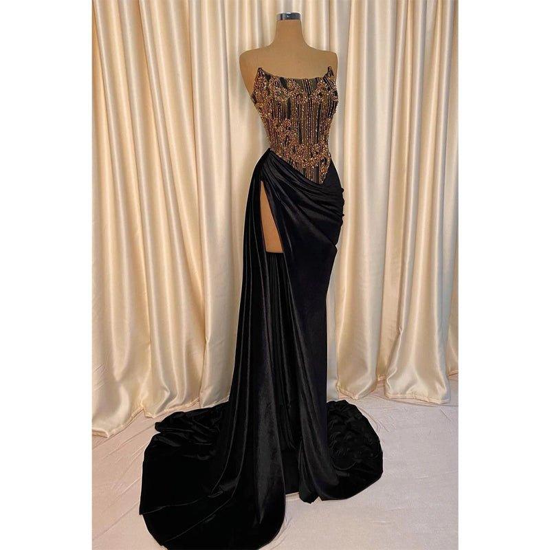 Chic Strapless Beads Black Long Formal Evening Gowns with Slit