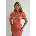 Chic Unique One Shoulder Satin Beaded Long Prom Dress Pageant Dress