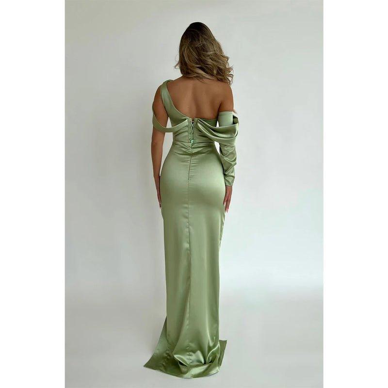 Chic Unique One Shoulder Satin Beaded Long Prom Dress Pageant Dress