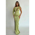 Chic Unique One Shoulder Satin Beaded Long Prom Dress Pageant Dress