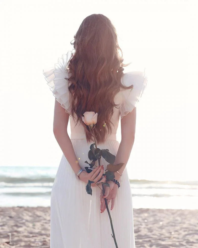 Chiffon Ruffless Sleeves V-Neck Summer Beach Wedding Dress