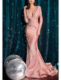 Mermaid / Trumpet Evening Gown Reformation Amante Dress Wedding Guest Formal Evening Court Train Long Sleeve V Neck Satin with Sleek Pure Color