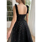 Classic Black A-Line Sweetheart Straps Slit Tulle Formal Prom Dress With Jewel