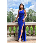 Classic One Shoulder Sleeveless Fully Beaded Sheath Side Slit Backless Party Prom Dress