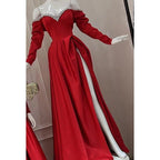 Classic & Timeless Off-Shoudler A-line Side Slit Evening Party Prom Dress With Pearls