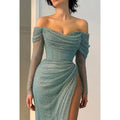 Classic & Timeless Off-Shoudler Long Sleeves Side Slit Ruched Formal Party Prom Dress