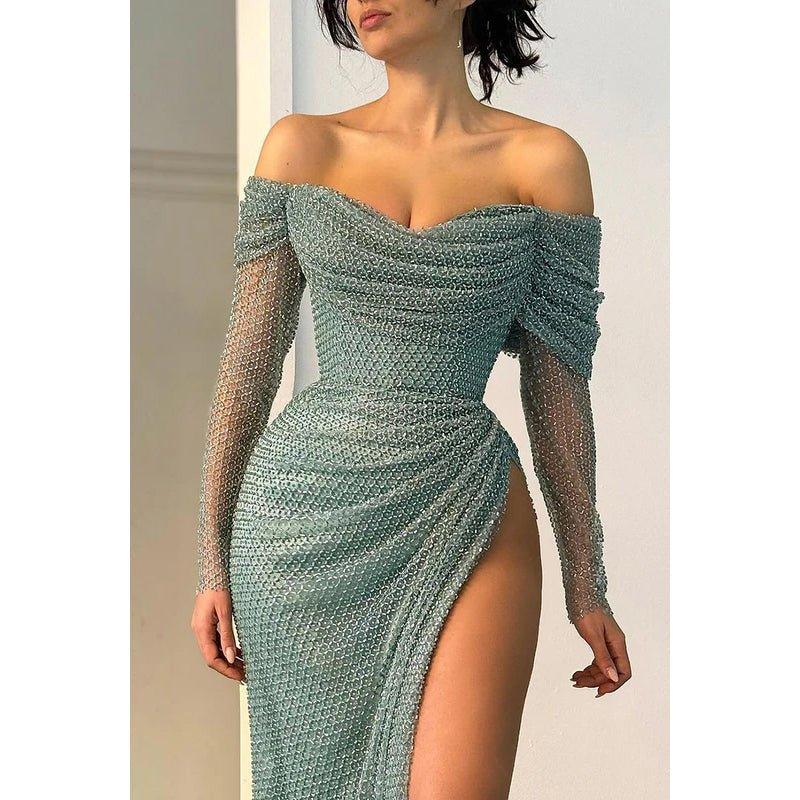 Classic & Timeless Off-Shoudler Long Sleeves Side Slit Ruched Formal Party Prom Dress