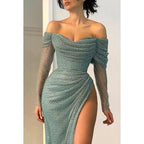 Classic & Timeless Off-Shoudler Long Sleeves Side Slit Ruched Formal Party Prom Dress