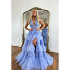 Classic & Timeless Sleeveless A-Line Deep V-Neck Side Slit Tulle Formal Prom Dress