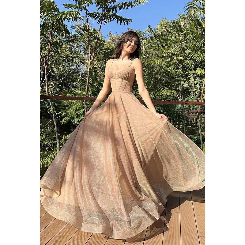 Classic & Timeless Spaghetti Straps Sparkly Tulle A-line Formal Party Prom Dress