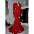Classic & Timeless V-Neck Long Sleeveles Mermaid Sequins Slit Evening Prom Dress