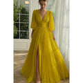 Classic & Timeless V-neck Long Sleeves A-line Slide Slit Tulee Formal Prom Dress
