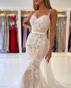 Classy Mermaid Prom Dress Lace Appliques Spaghetti-Straps