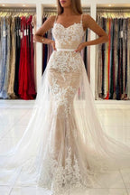 Classy Mermaid Prom Dress Lace Appliques Spaghetti-Straps
