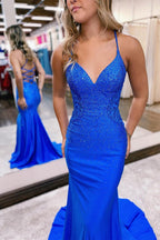 Classy Royal Blue Long Mermaid V-Neck Prom Dress Spaghetti-Straps