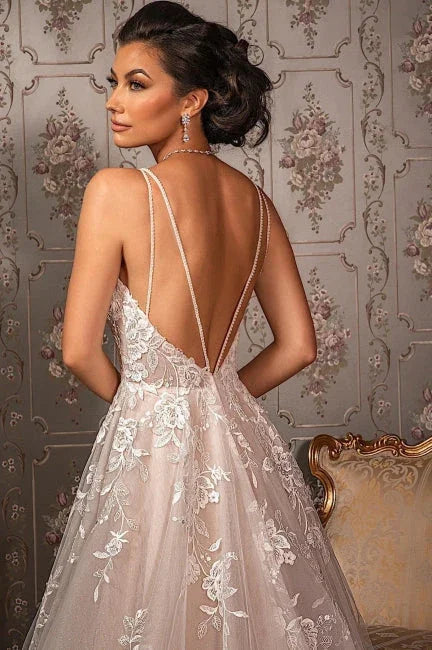 Classy V-neck Appliques Lace Spaghetti Straps Sleeveless A-Line Wedding Dresses
