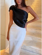 Sheath Black Dress Evening Gown Elegant Dress Formal Floor Length Sleeveless One Shoulder Satin with Flower