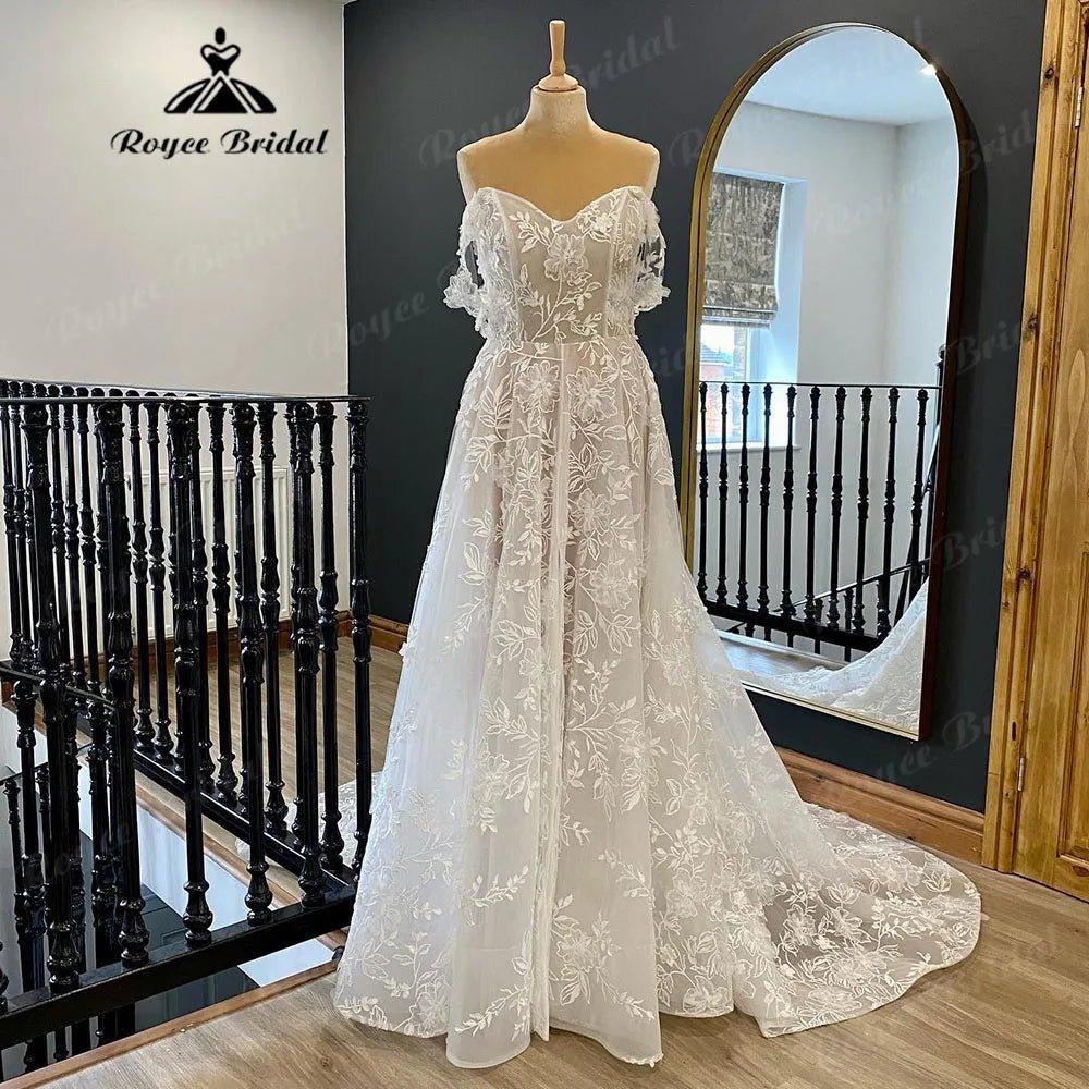 Country Off Shoulder Full Lace V Neck Wedding Gown for Women Wedding Dress with Cap Sleeve vestido longo festa de casamento