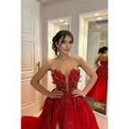 Couture & Ornate A-line Deep V-Neck Sleeveless Off-Shoulder Slit Formal Prom Dress