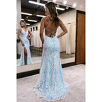 Couture & Ornate Criss-Cross Straps Deep V-Neck Straps Slit Applique Party Prom Dress