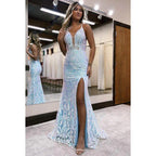 Couture & Ornate Criss-Cross Straps Deep V-Neck Straps Slit Applique Party Prom Dress