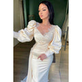 Couture & Ornate Long Sleeves V-Neck Sheath Side Slit Formal Prom Dress