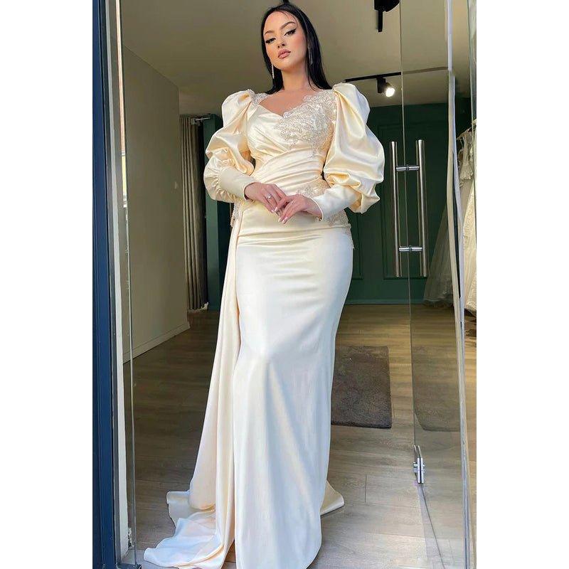Couture & Ornate Long Sleeves V-Neck Sheath Side Slit Formal Prom Dress