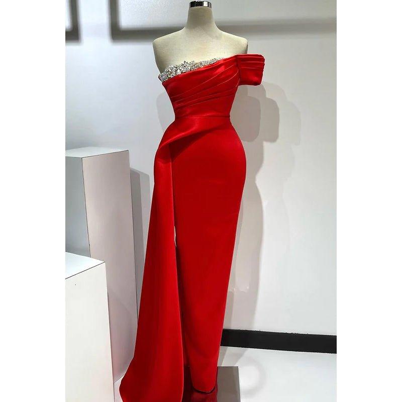Couture & Ornate Off-Shoulder Cap Sleeves Ruched Side Slit Rhinestones Prom Dress