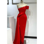 Couture & Ornate Off-Shoulder Cap Sleeves Ruched Side Slit Rhinestones Prom Dress