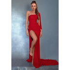 Couture & Ornate One Shoulder High Side Slit Sheath Formal Party Prom Dress With Rhinestones