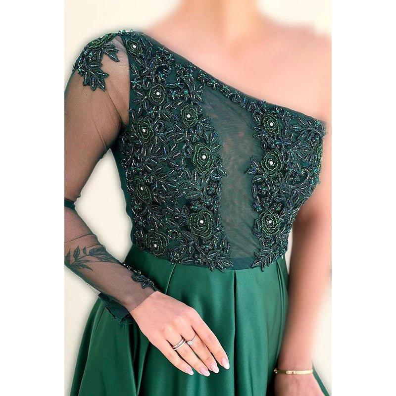 Couture & Ornate One Shoulder Long Sleeves A-line Applique Slit Prom Dress