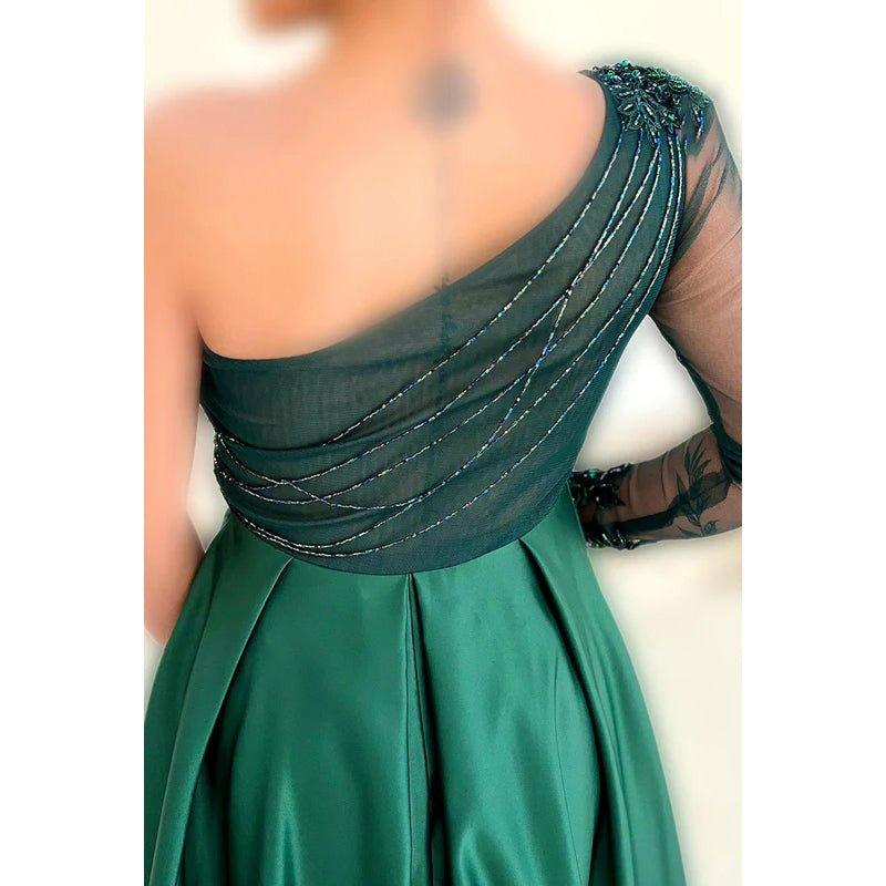 Couture & Ornate One Shoulder Long Sleeves A-line Applique Slit Prom Dress