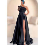 Couture & Ornate One Shoulder Long Sleeves A-line Applique Slit Prom Dress