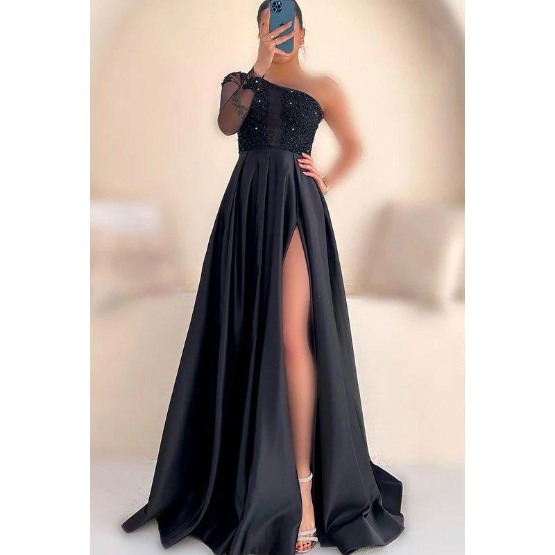 Couture & Ornate One Shoulder Long Sleeves A-line Applique Slit Prom Dress