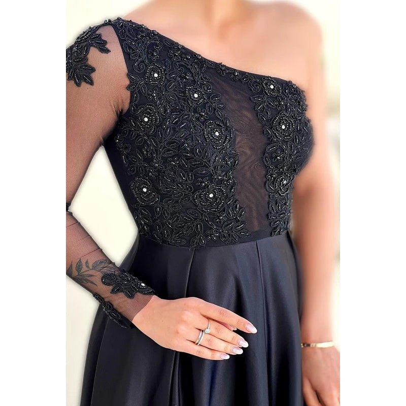 Couture & Ornate One Shoulder Long Sleeves A-line Applique Slit Prom Dress