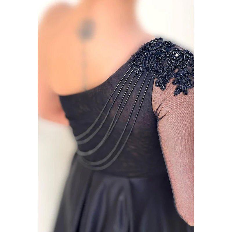 Couture & Ornate One Shoulder Long Sleeves A-line Applique Slit Prom Dress